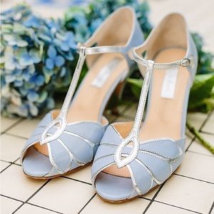 Classic T-Strap Peep Toe Heels in Light Blue with Silver Trim